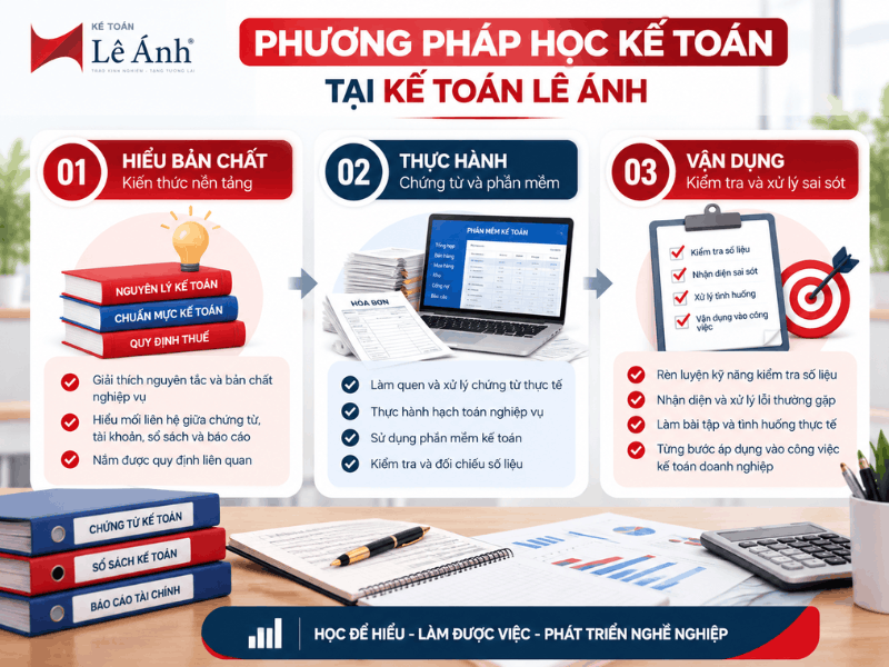 Phương pháp đào tạo tại Kế toán Lê Ánh gồm 3 bước: hiểu bản chất nghiệp vụ, thực hành chứng từ trên phần mềm và vận dụng kiến thức vào công việc