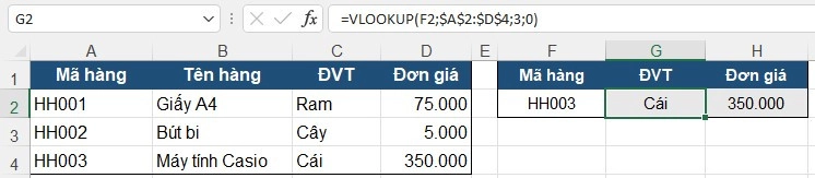 Ví dụ hàm VLOOKUP tra cứu đơn vị tính và đơn giá hàng hóa