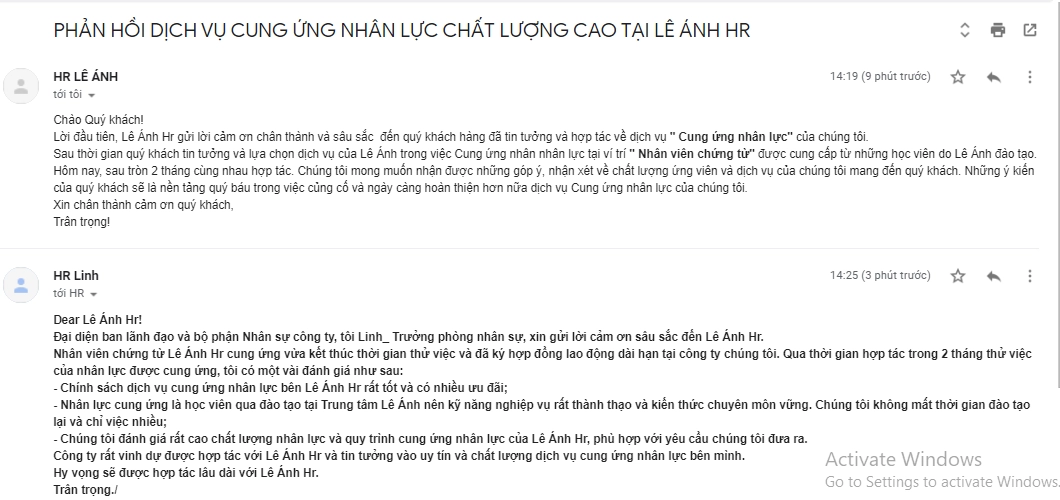 Phản hồi dịch vụ cung ứng nhân lực tại Lê Ánh Hr
