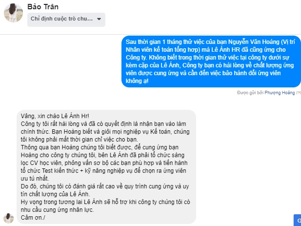 Phản hồi dịch vụ cung ứng nhân lực Lê Ánh Hr