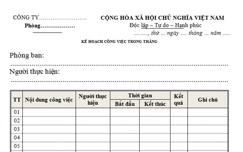 kế hoạc công việc theo tháng