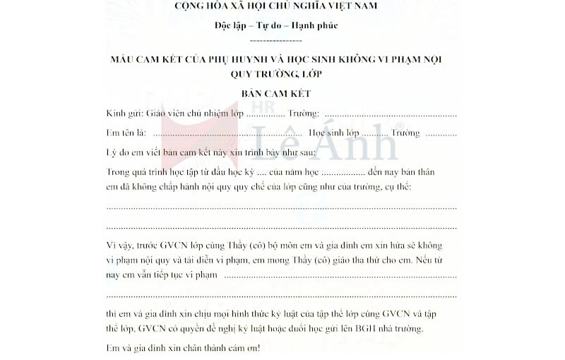 Mẫu cam kết học sinh