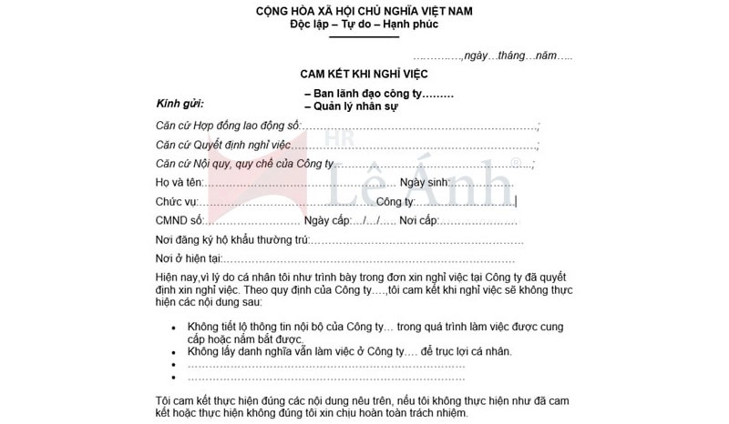 Mẫu cam kết làm việc