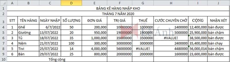 Lỗi Value trong Excel