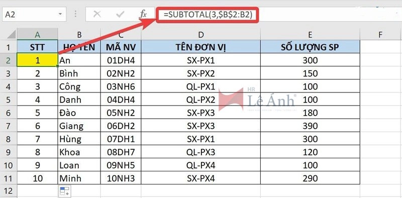 Cách sử dụng hàm Subtotal trong Excel