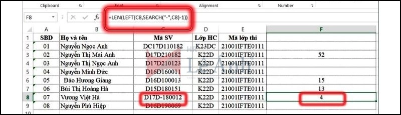 Kết hợp hàm LEFT với LEN