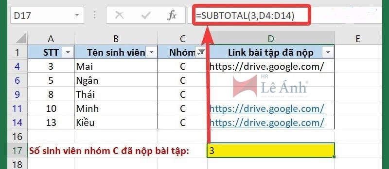 Ví dụ cách sử dụng hàm Subtotal
