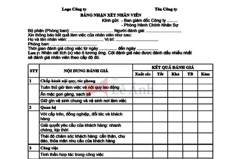 Mẫu đánh giá nhân sự cuối năm