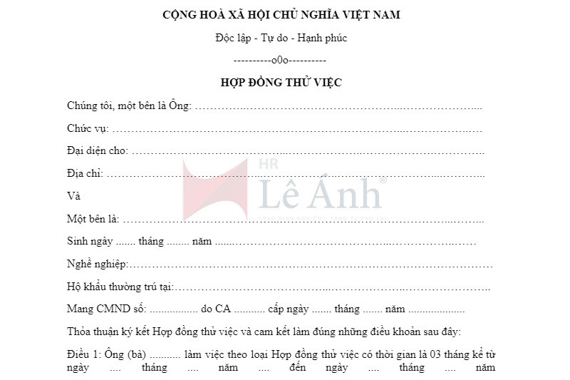 Mẫu hợp đồng thử việc mới nhất