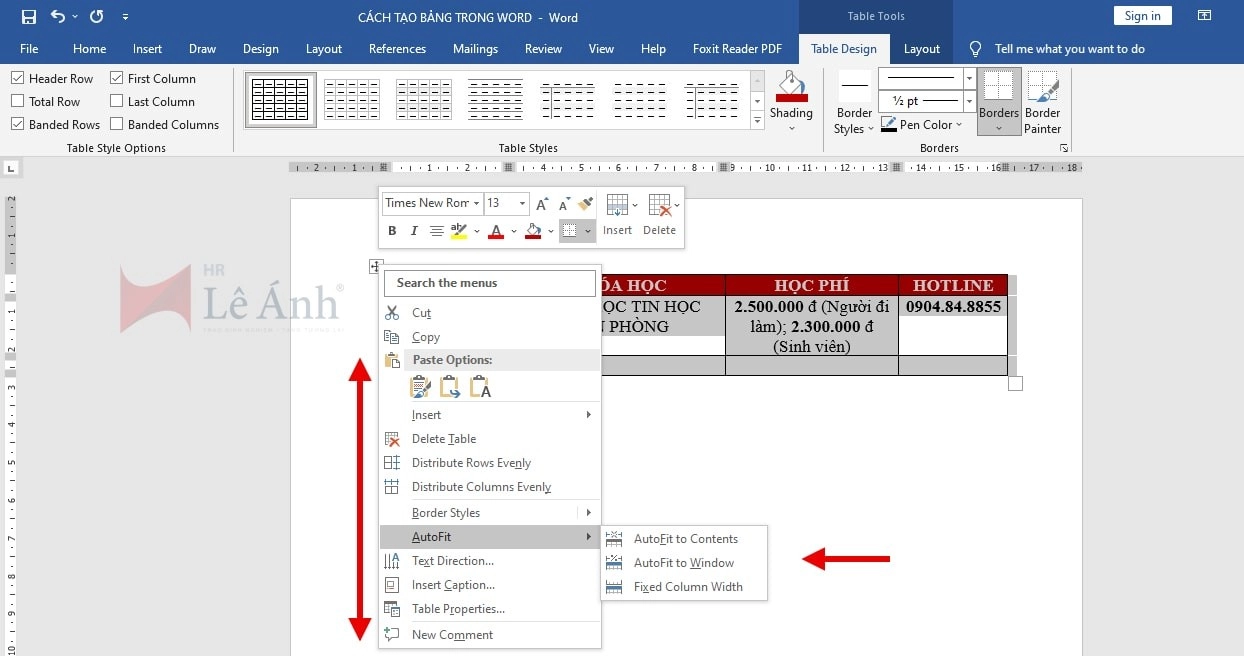 Cách tạo bảng trong Word 2010