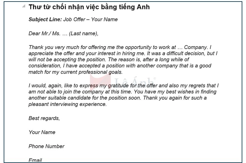 Mẫu thư từ chối nhận việc tiếng Anh