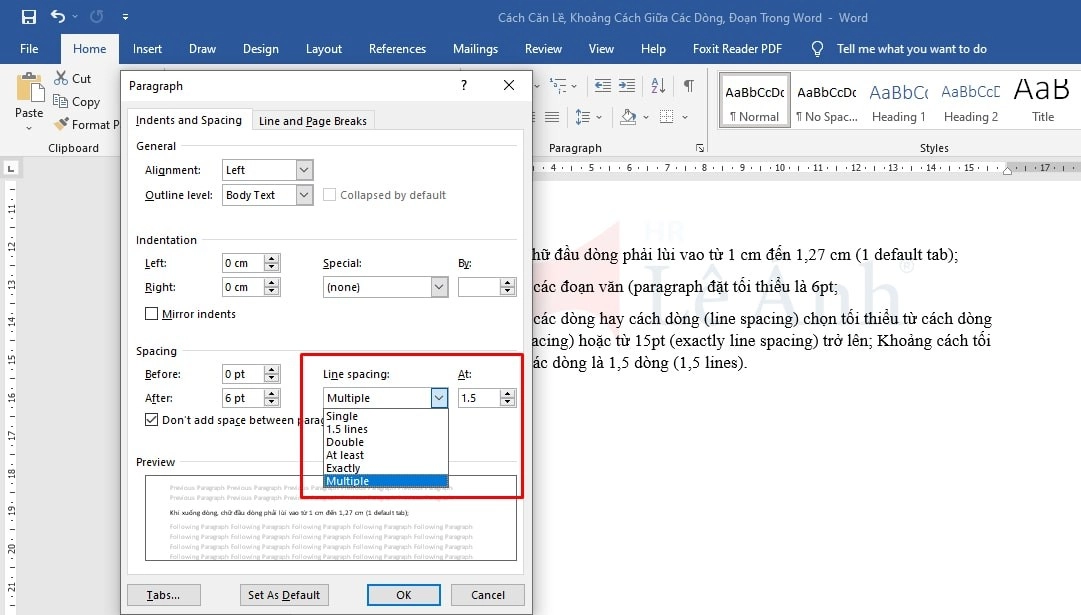 Cách chỉnh khoảng cách dòng trong word