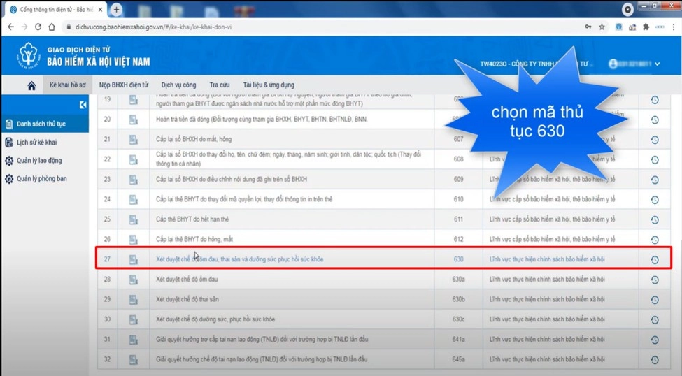 Chọn mã thủ tục 630