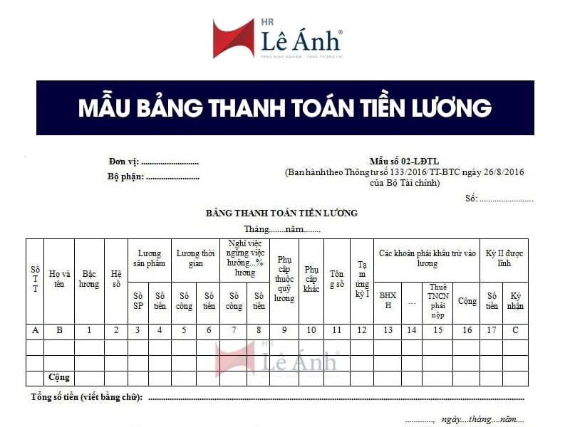 Mẫu bảng thanh toán tiền lương