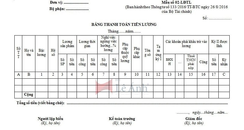Mẫu bảng thanh toán tiền lương theo Thông tư 133