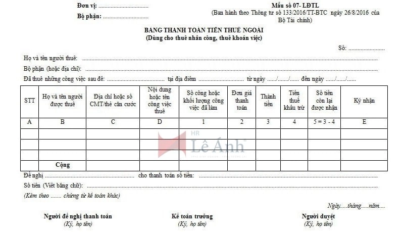 Mẫu bảng thanh toán tiền thuê ngoài