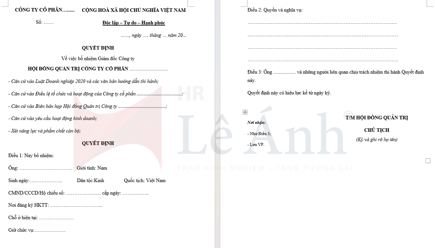Mẫu quyết định bổ nhiệm nhân sự công ty cổ phần