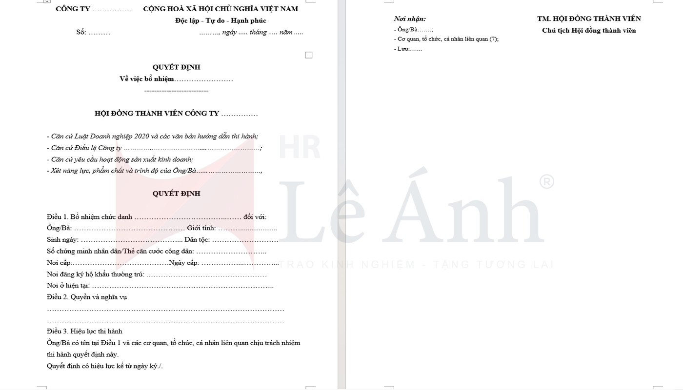 Mẫu quyết định bổ nhiệm nhân sự công ty TNHH