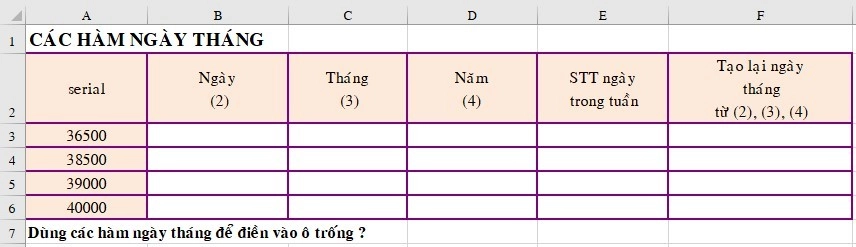 Bài tập Excel - Các hàm ngày tháng