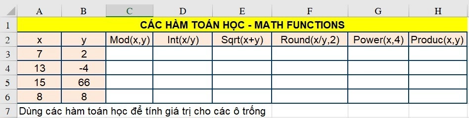 Bài tập Excel - Các hàm toán học