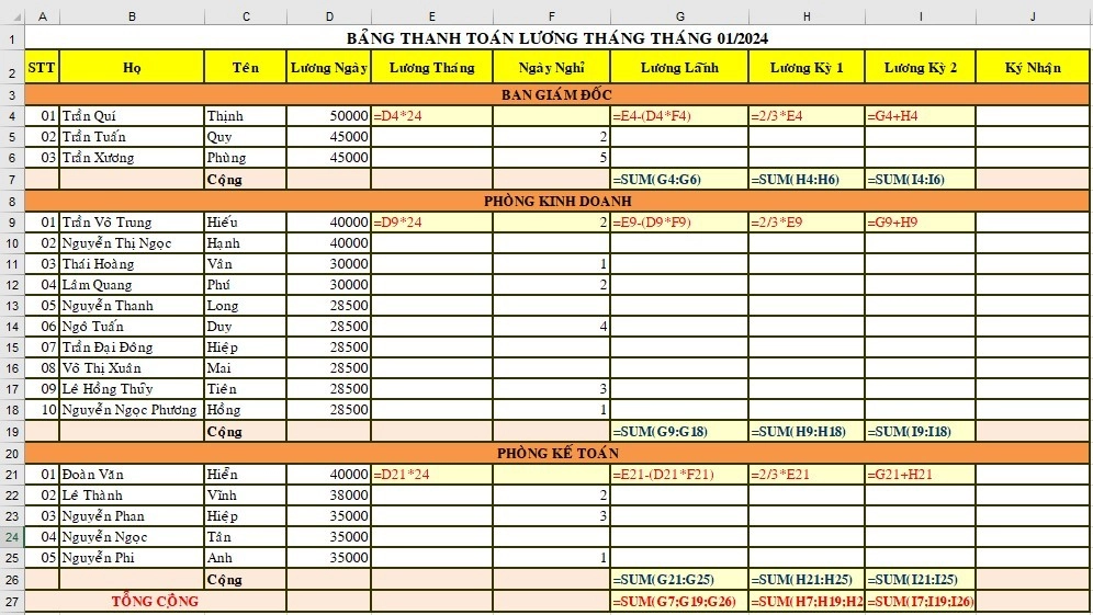 Bài tập Excel văn phòng