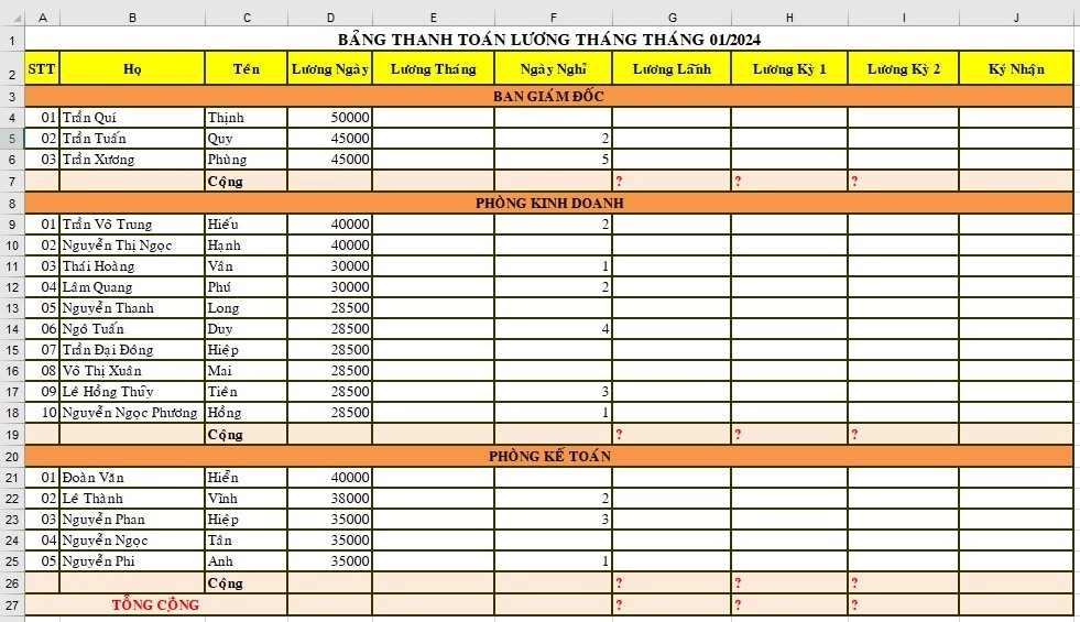 Bài tập Excel văn phòng