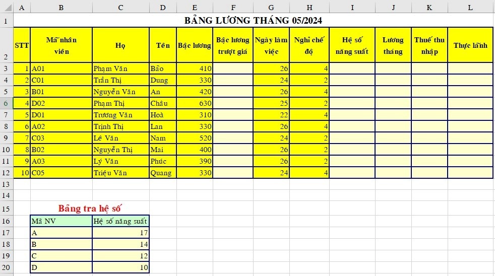Bài tập Excel về bảng lương