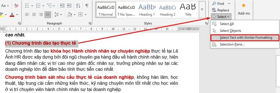 Cách chọn chữ cùng định dạng trong word