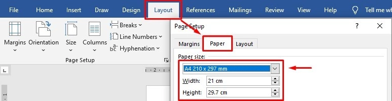 Chọn khổ giấy A4 trên word