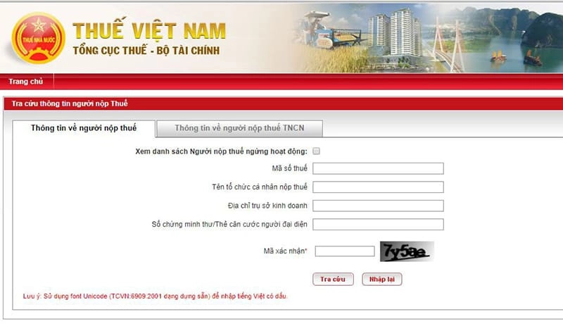 Giao diện tra cứu thông tin người nộp thuế trên Cổng TTĐT Tổng Cục Thuế