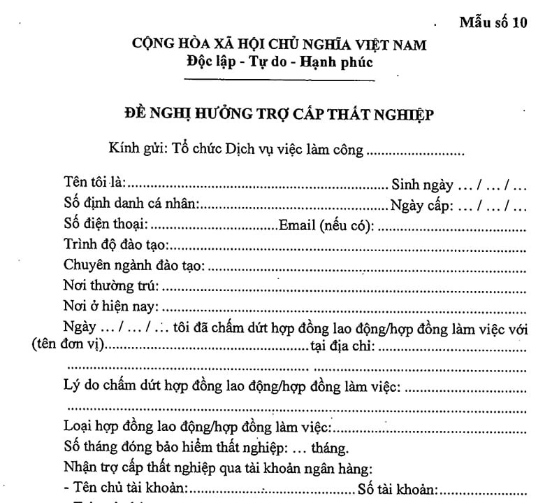 Mẫu đề nghị hưởng bảo hiểm thất nghiệp