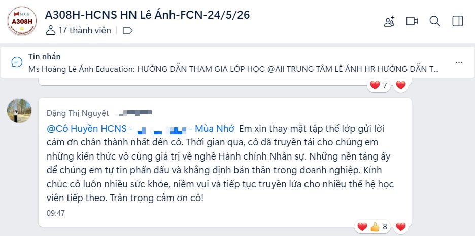 Phản hồi khóa học hành chính nhân sự tại Hà Nội