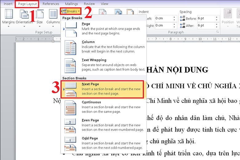 Nhấn chọn Next page để chia văn bản thành 2 phần