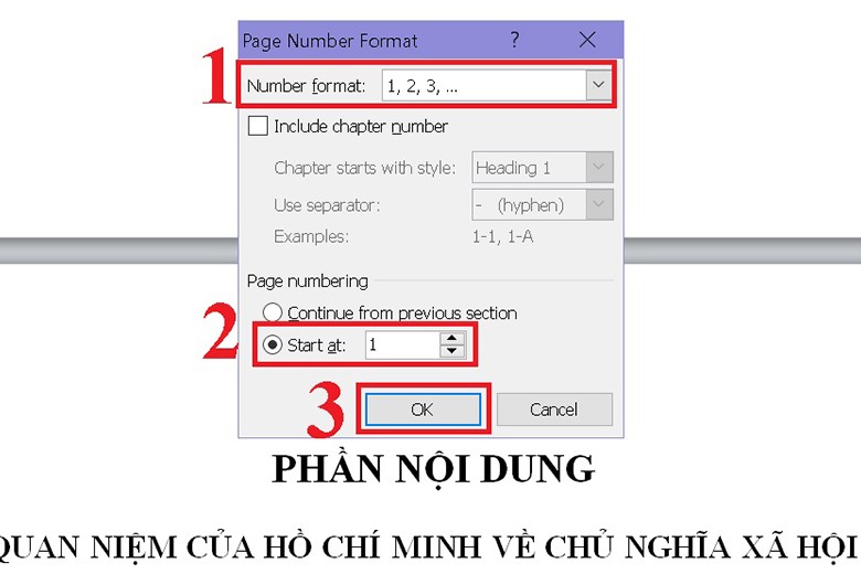 Tiếp tục chọn số trang cần đánh số tại Start at