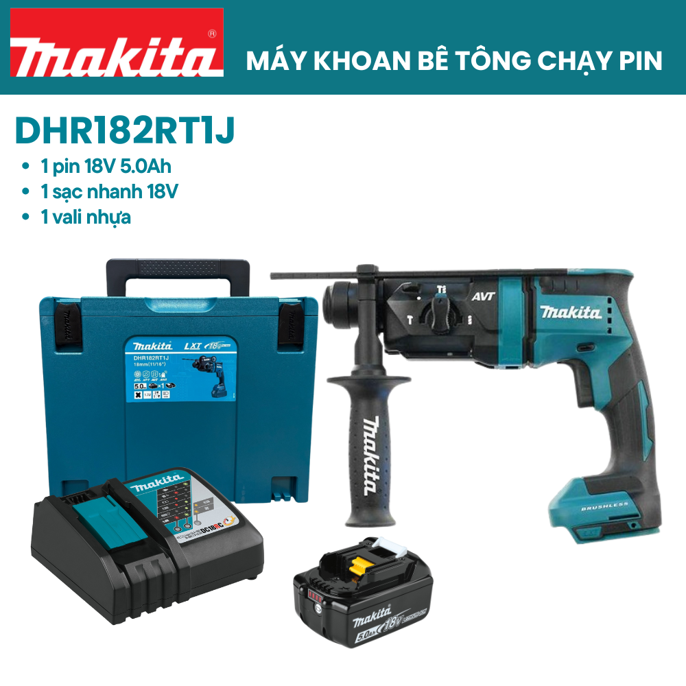 Máy khoan BT 3 CN MAKITA - DHR182RT1J (SDS-PLUS/18MM/AWS/BL)(18V)