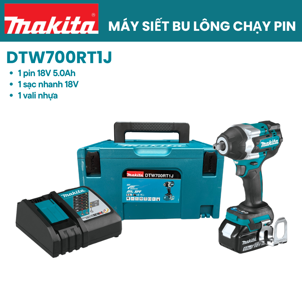 Máy siết bu lông dùng pin MAKITA  DTW700RT1J (12.7MM/BL)(18V*1 5.0Ah)