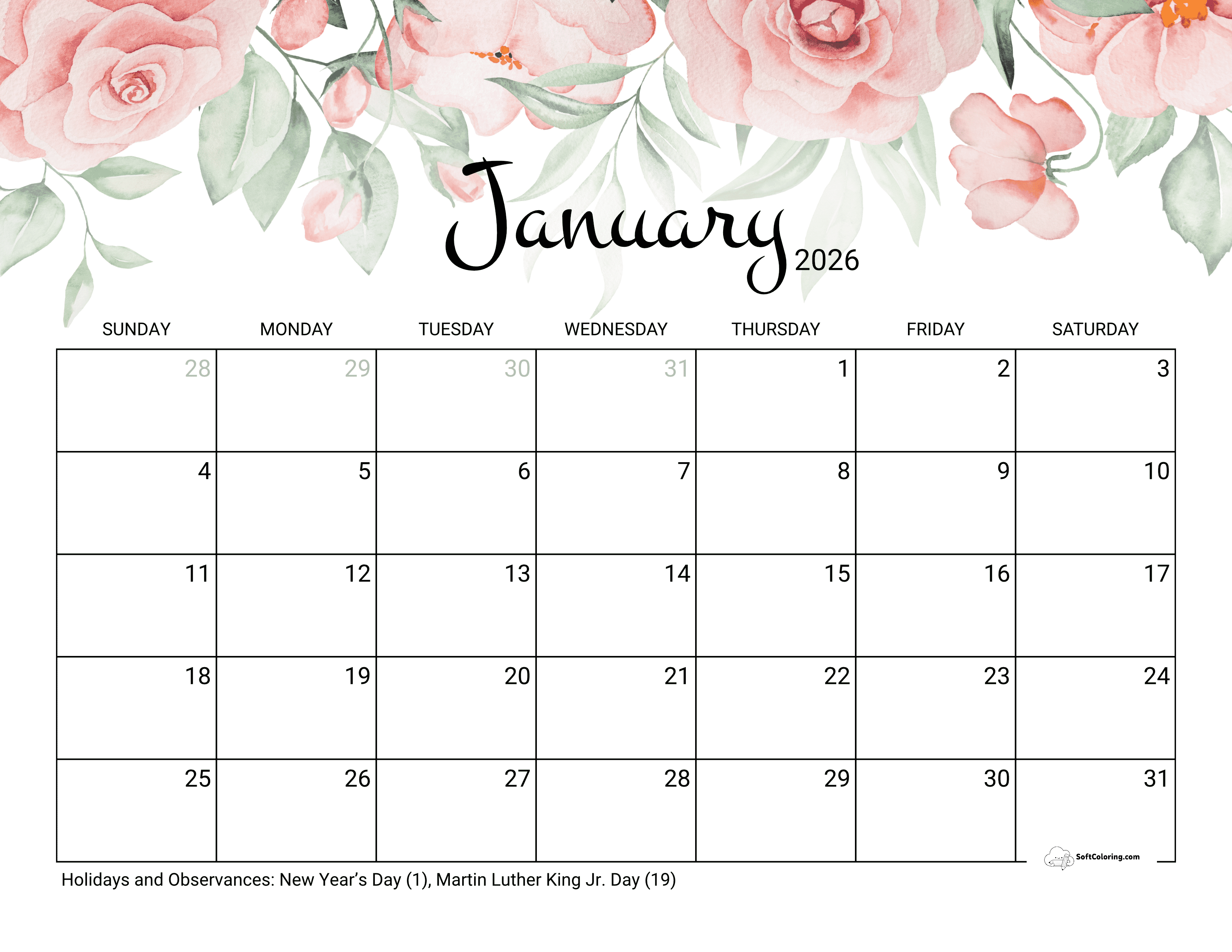Elegant Roses January 2026 Monthly Calendar Printable