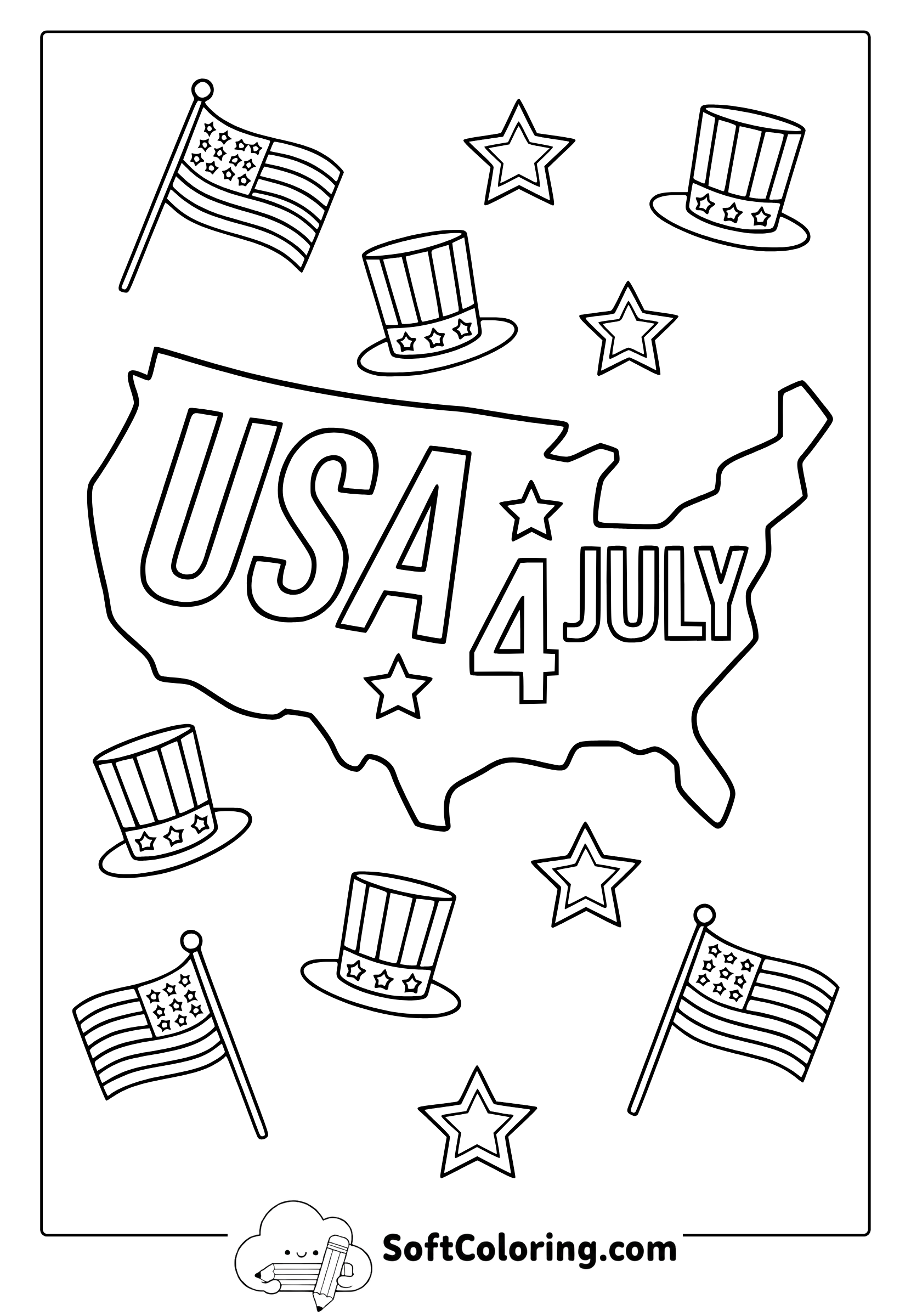 4th of july USA map coloring page