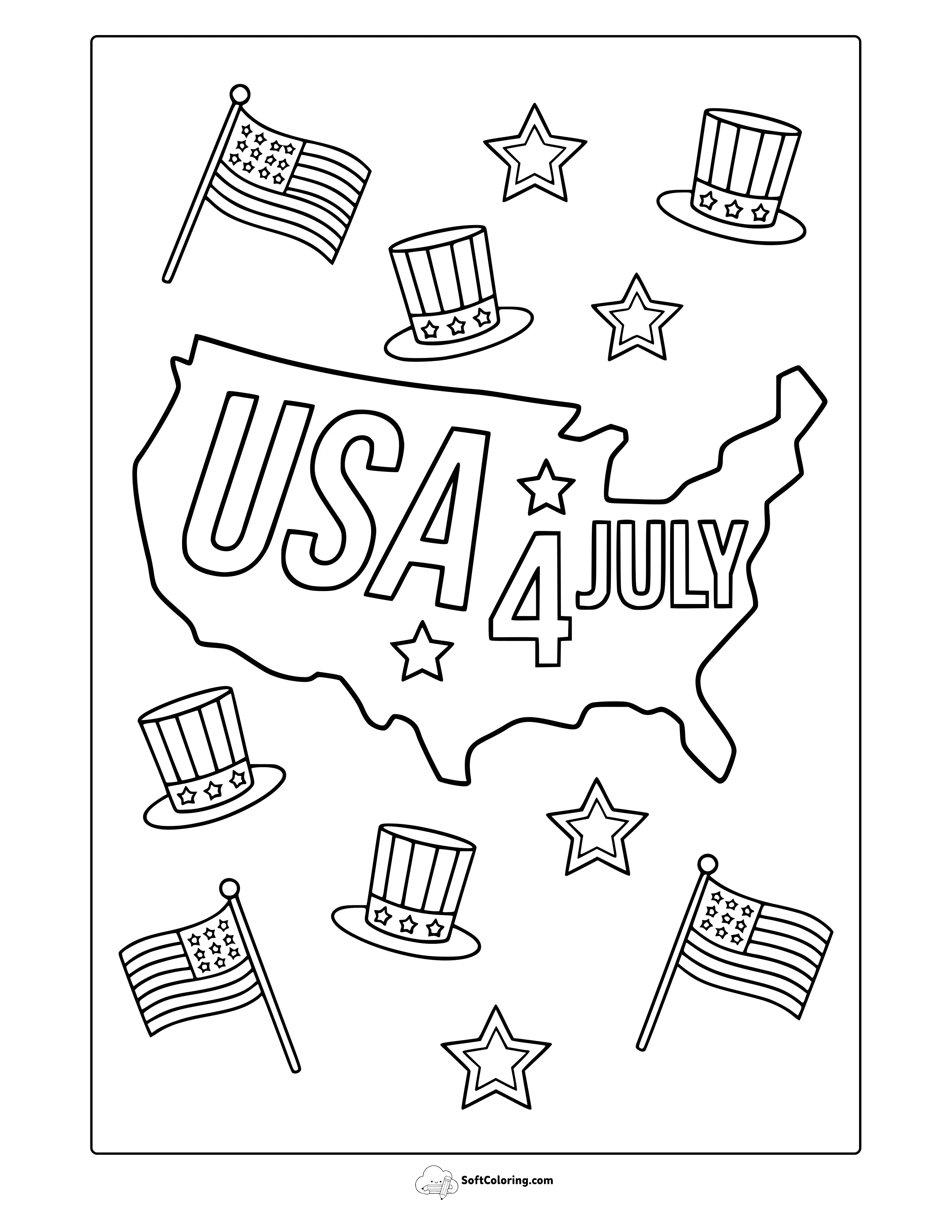 4Th Of July Usa Map Coloring Page