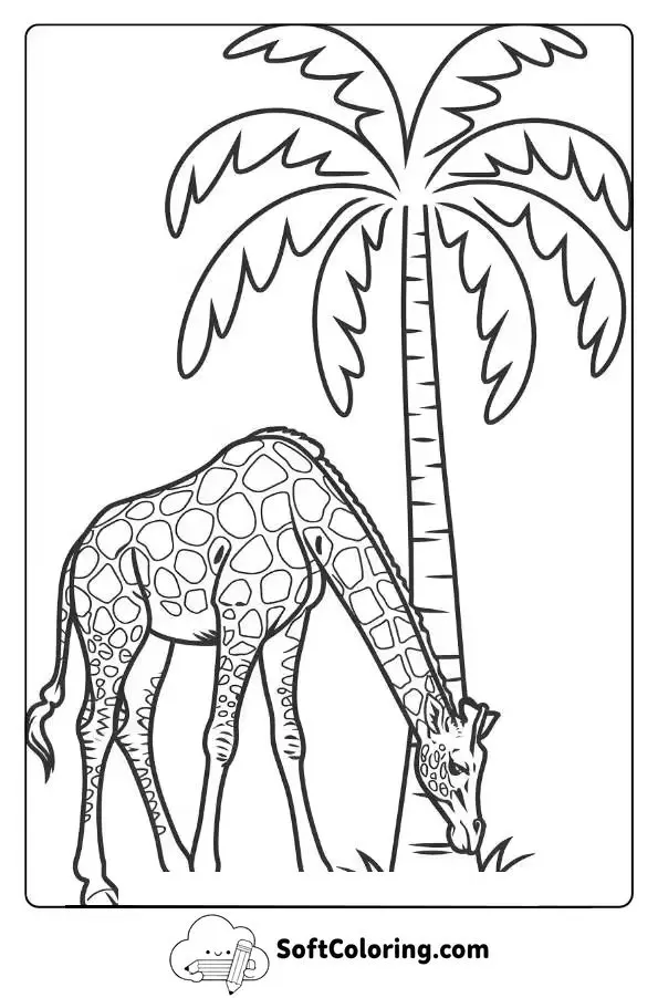 A Giraffe Grazing Next To A Tall Palm Tree