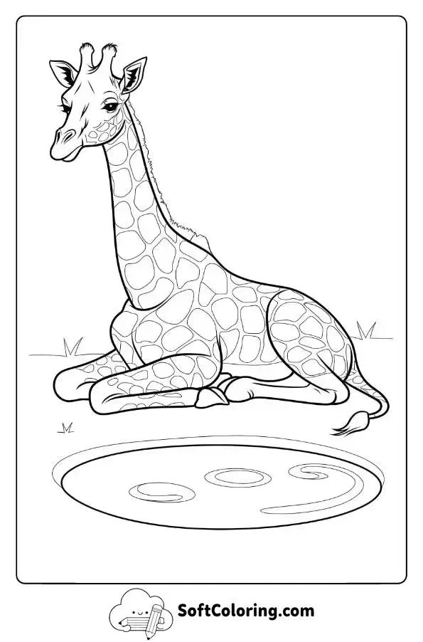 A Giraffe Resting By A Pond