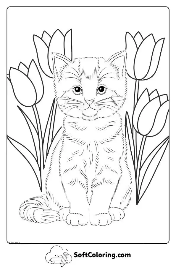 Adorable Kitten Surrounded By Tulips