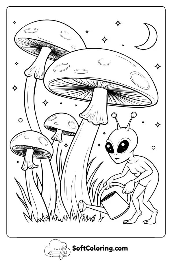 Alien Garden with Glowing Space Mushrooms