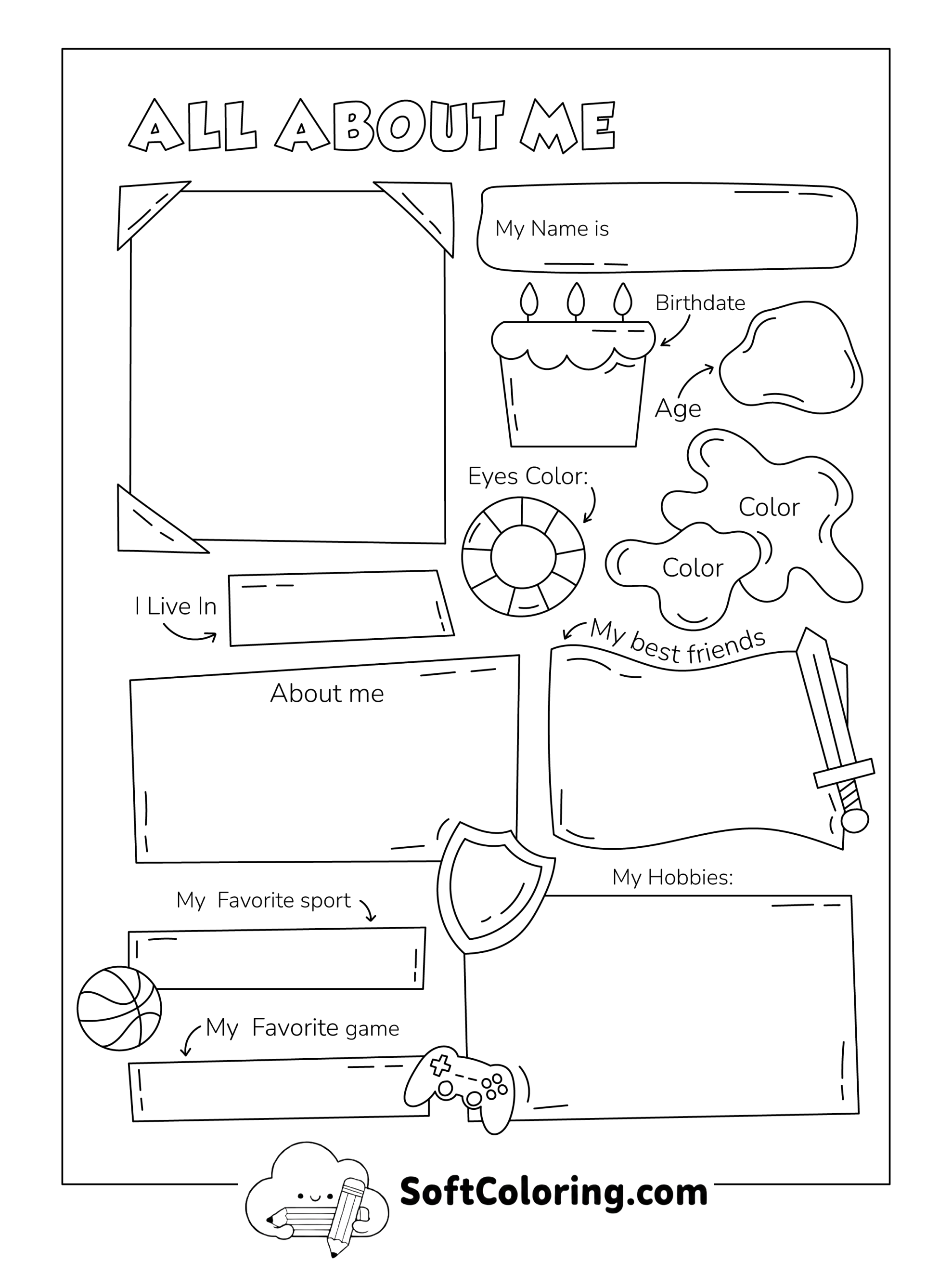 All About Me Coloring and Drawing Worksheet for Boys