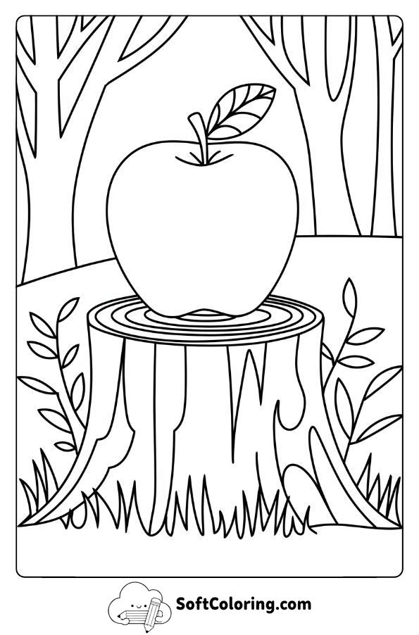 Apple Perched on a Tree Stump in a Forest Setting