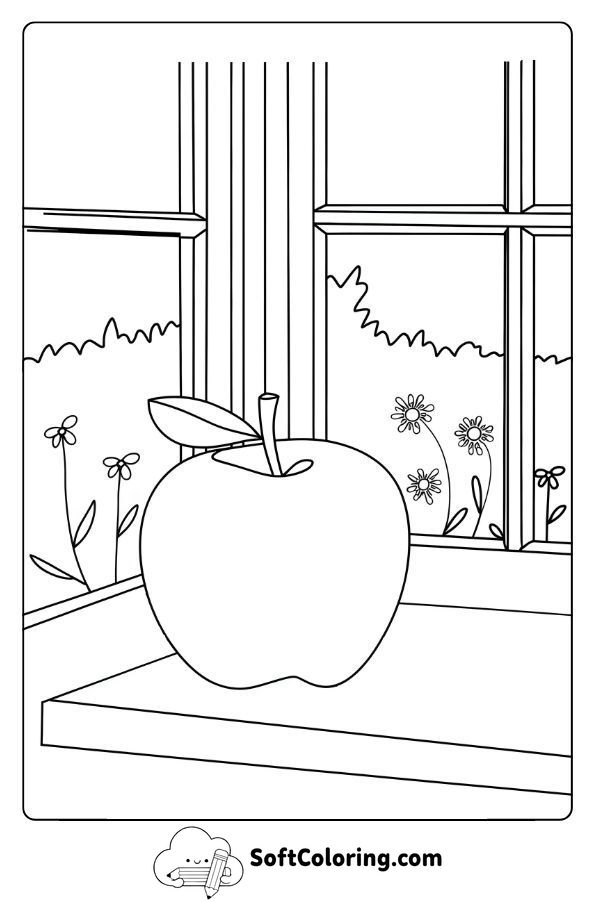 Apple on a Window Sill Overlooking a Garden