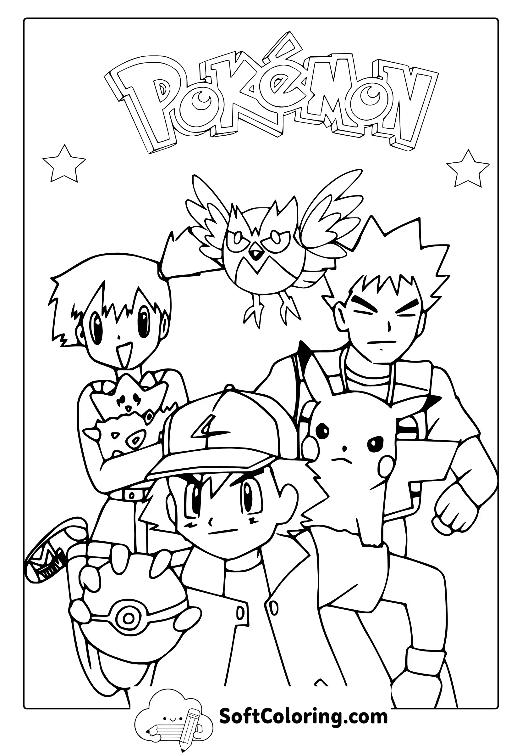 Ash with Brock and Misty From Pokemon Coloring Page