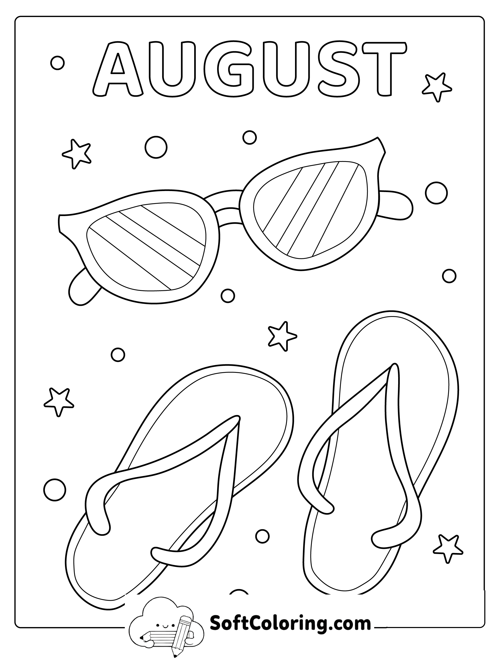 August Flip Flops and Sunglasses Coloring Page
