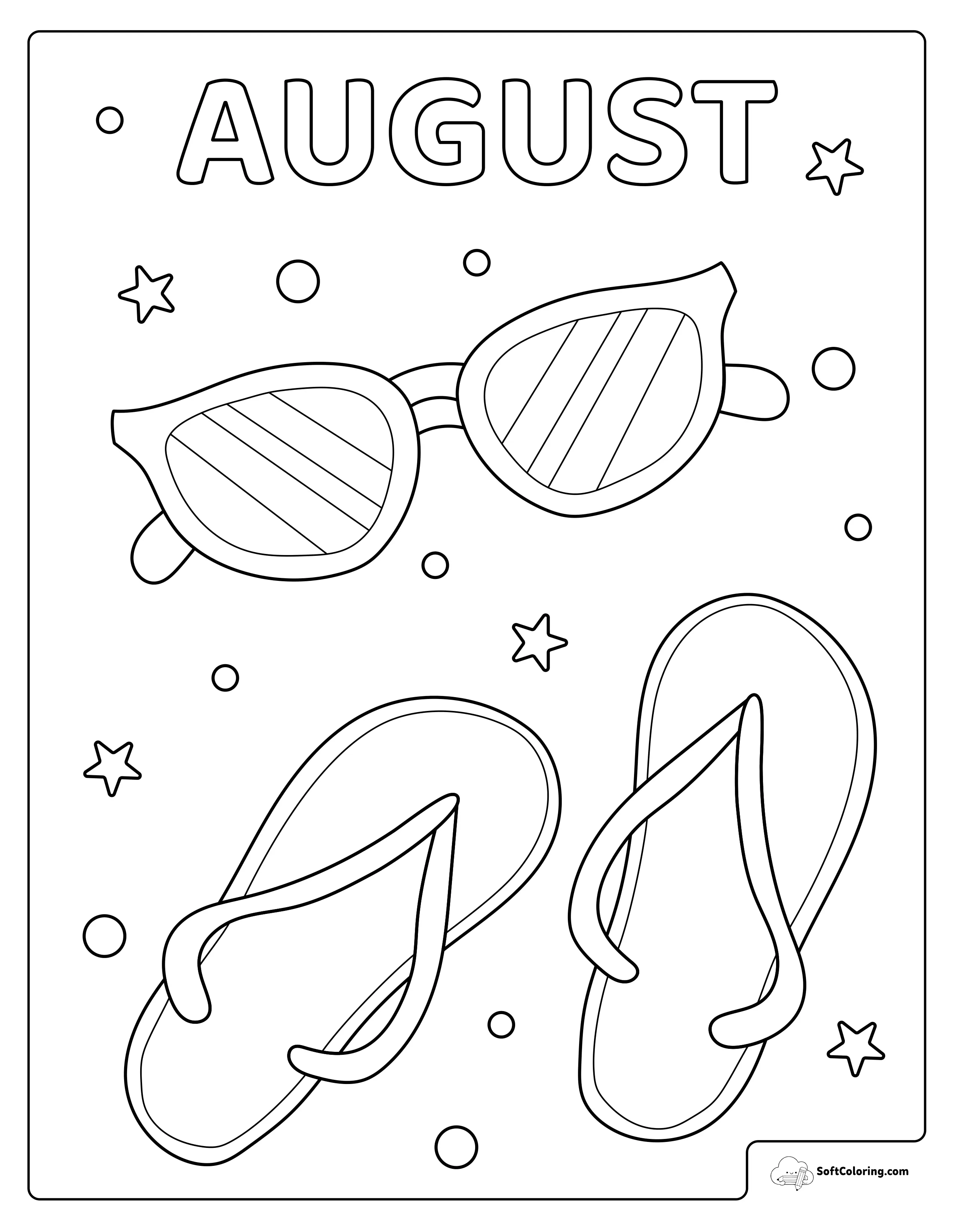 August Flip Flops And Sunglasses Coloring Page