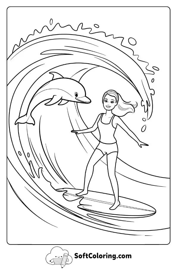 Barbie and Her Dolphin Surfing a Big Wave